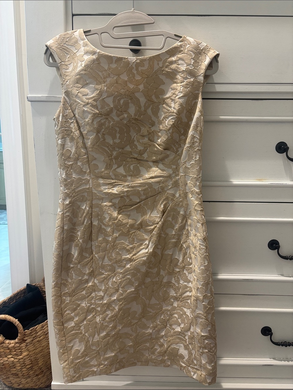 Lauren Ralph Lauren Cream and Gold Jacquard Midi Sheath Dress